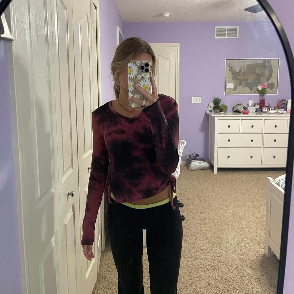 Forever 21, maroon tie-dye long sleeve shirt with ties on the sides